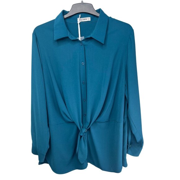 Grace Karin Teal Button-Up Blouse W/ Tie Front & Collared Neckline 2XL - Picture 15 of 16